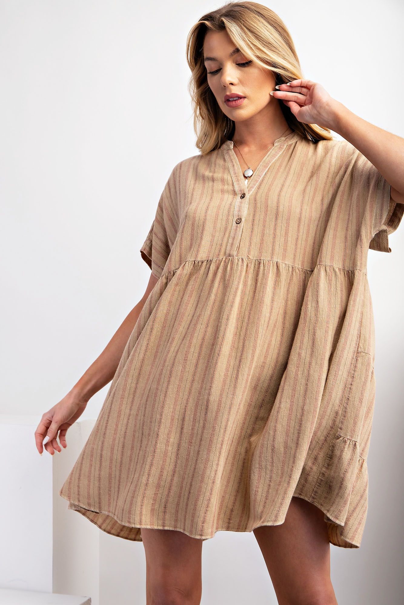 Drop Shoulder Stripe Linen Babydoll Dress  