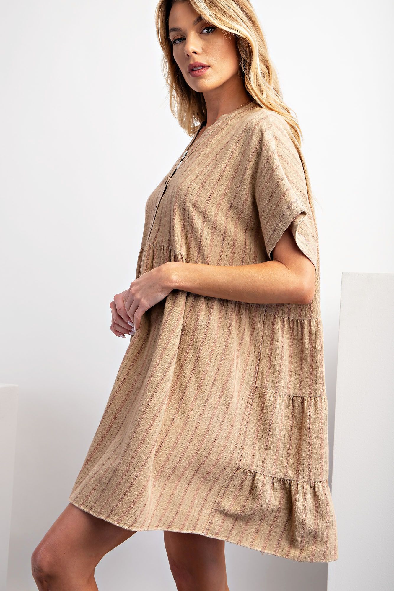 Drop Shoulder Stripe Linen Babydoll Dress  