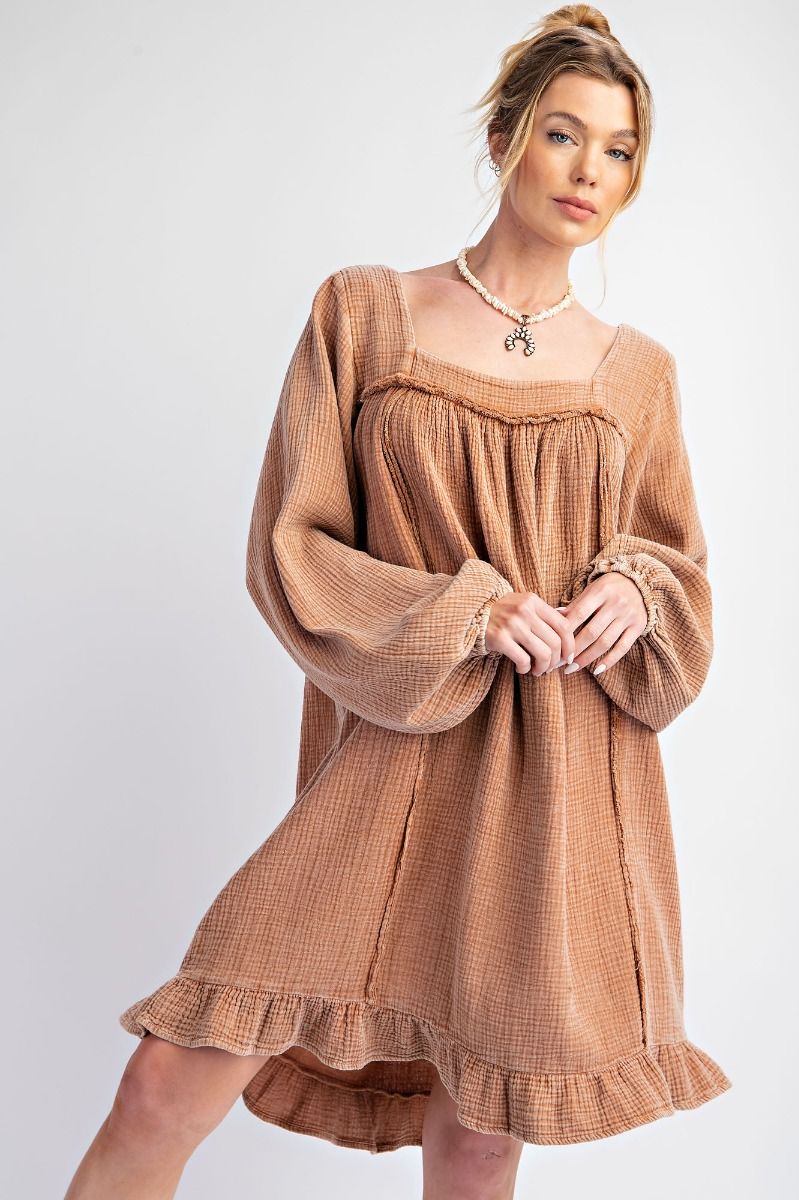 Camel Cotton Gauze Ruffle Dress 