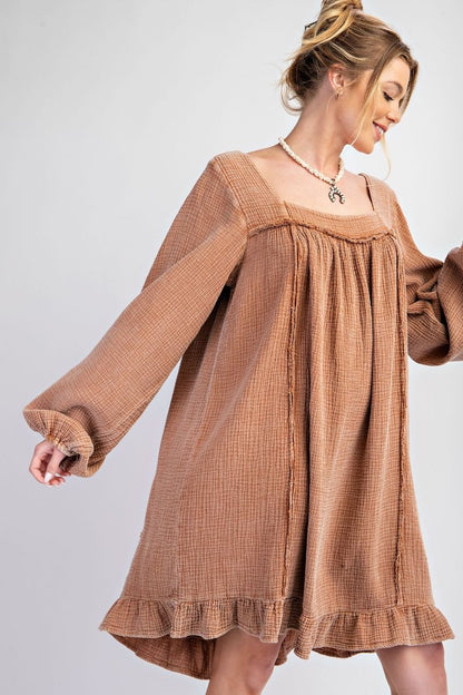 Camel Cotton Gauze Ruffle Dress 