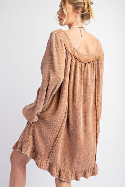 Camel Cotton Gauze Ruffle Dress 