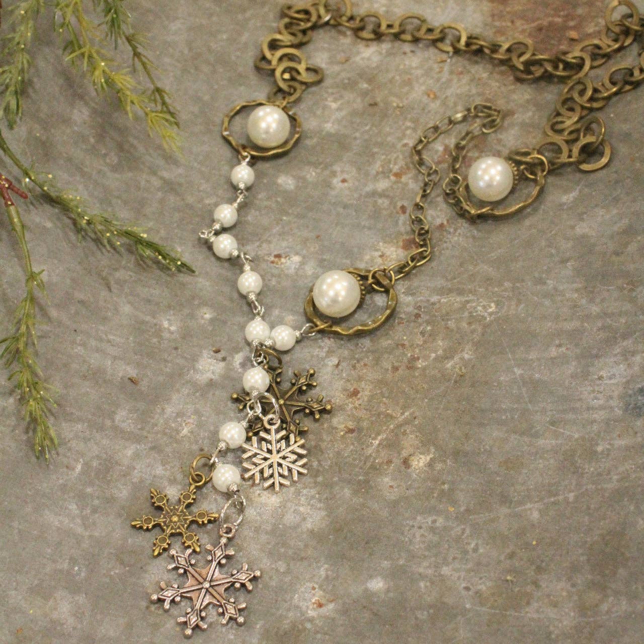 Mixed Metals Adorned With Pearls &amp; Snowflakes Pendant Necklace