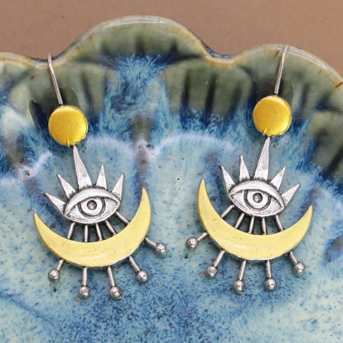 All Seeing Eye Gold Silver Moon Earrings