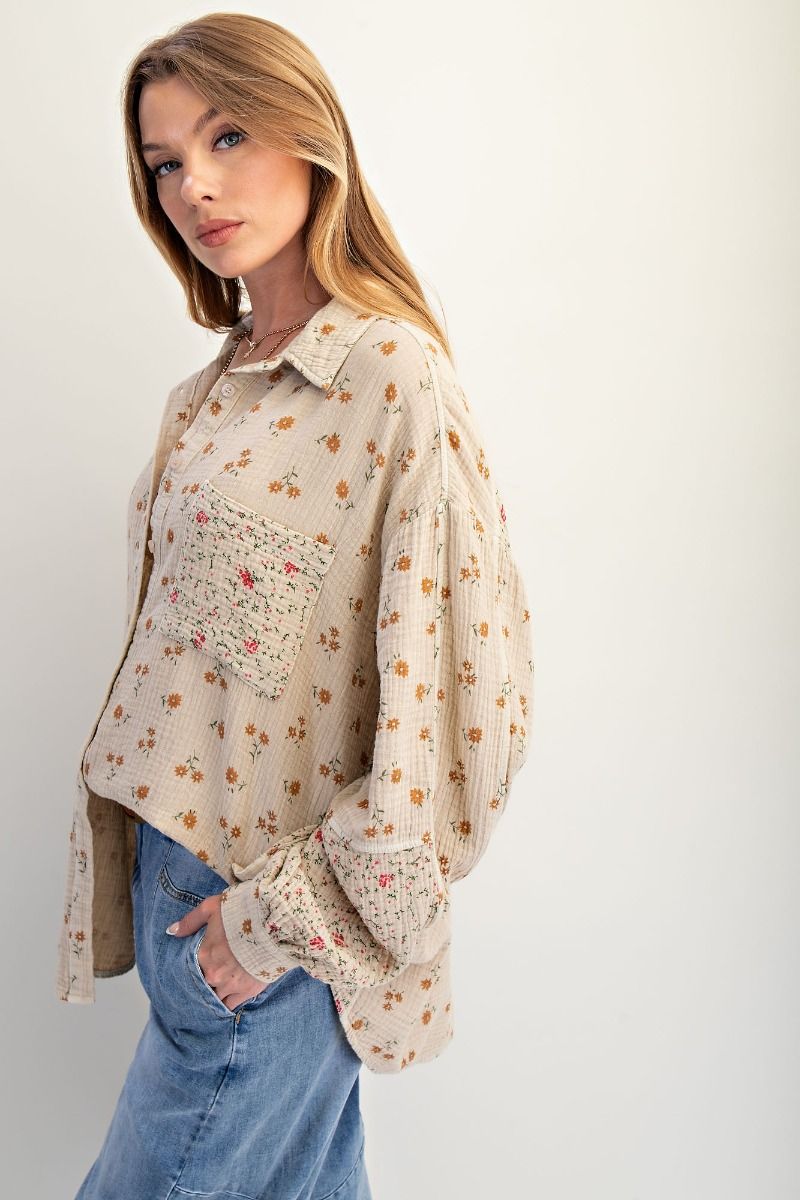 Khaki Floral Cotton Gauze Shirt