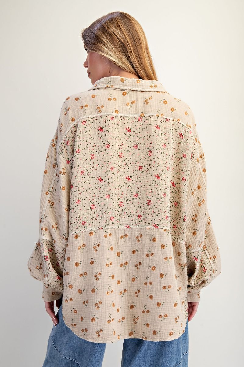 Khaki Floral Cotton Gauze Shirt