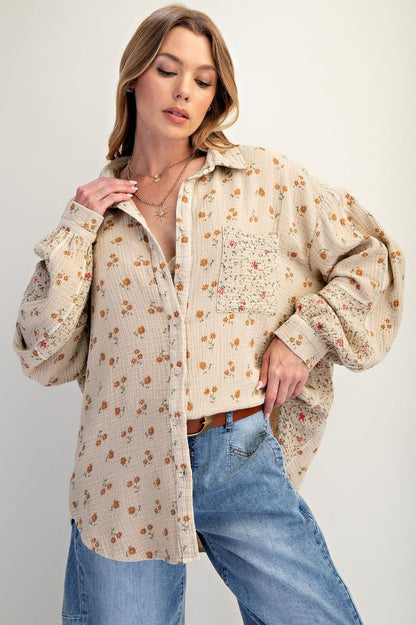 Khaki Floral Cotton Gauze Shirt