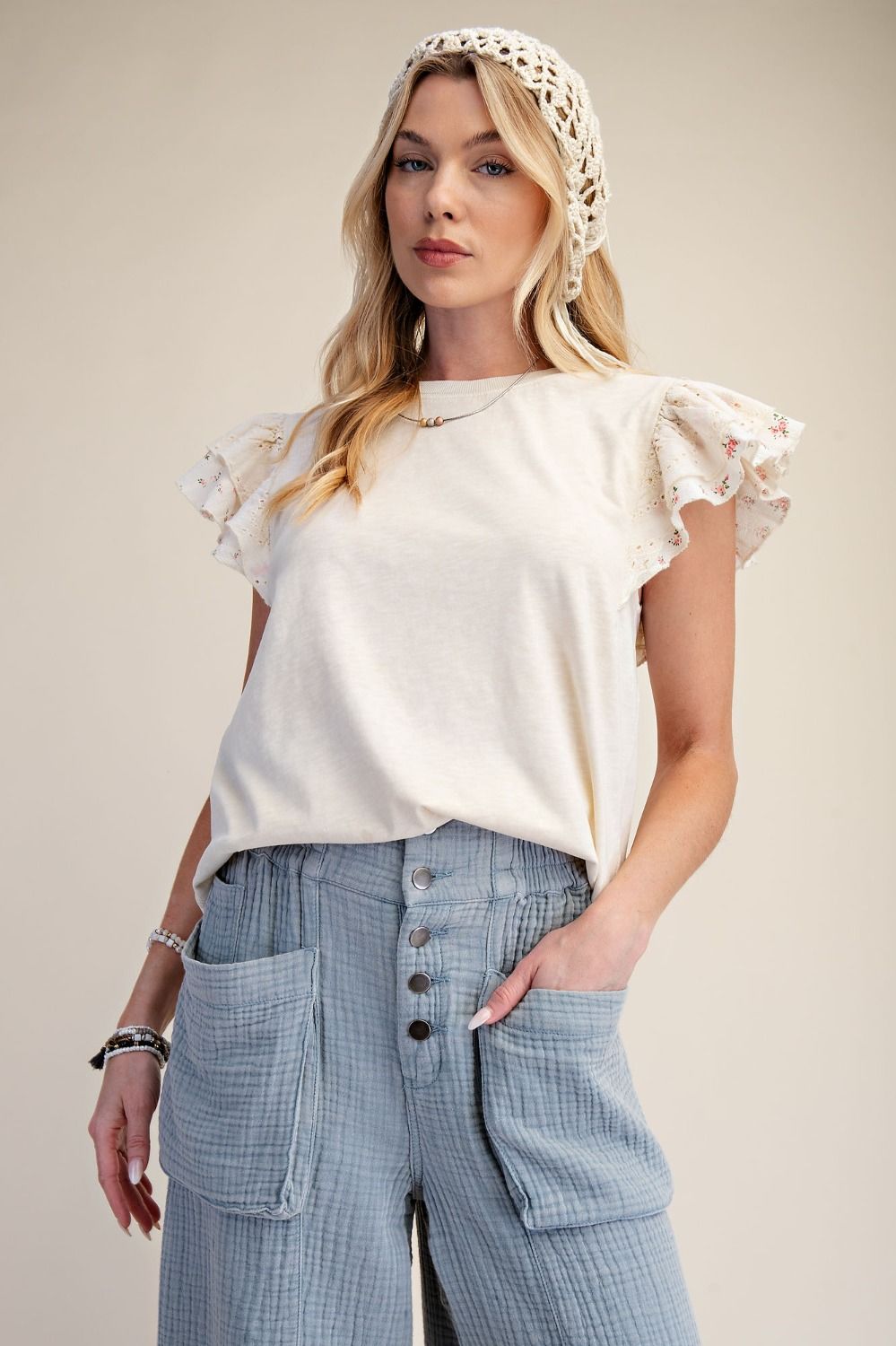 Printed Ruffle Cap Sleeve Top