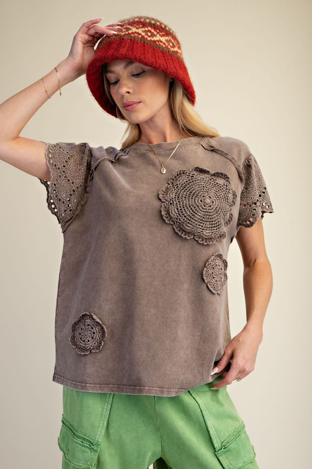 Mocha Crochet Patch Top - Vintage Vault Boutique