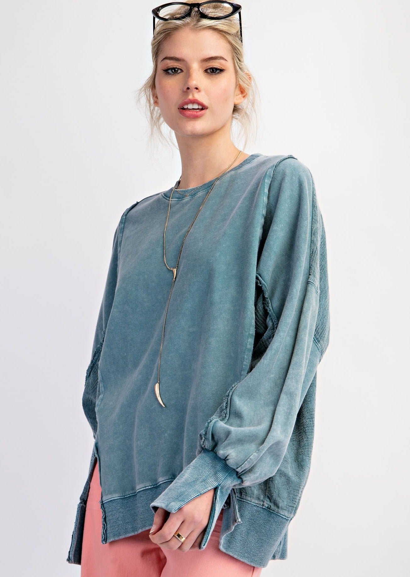 Mix Mineral Washed Terry Knit Top Teal 