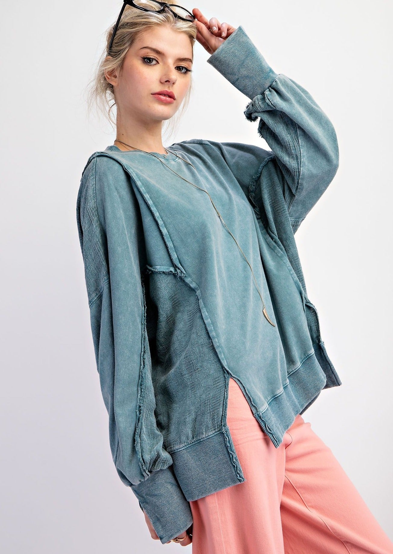 Mix Mineral Washed Terry Knit Top Teal 