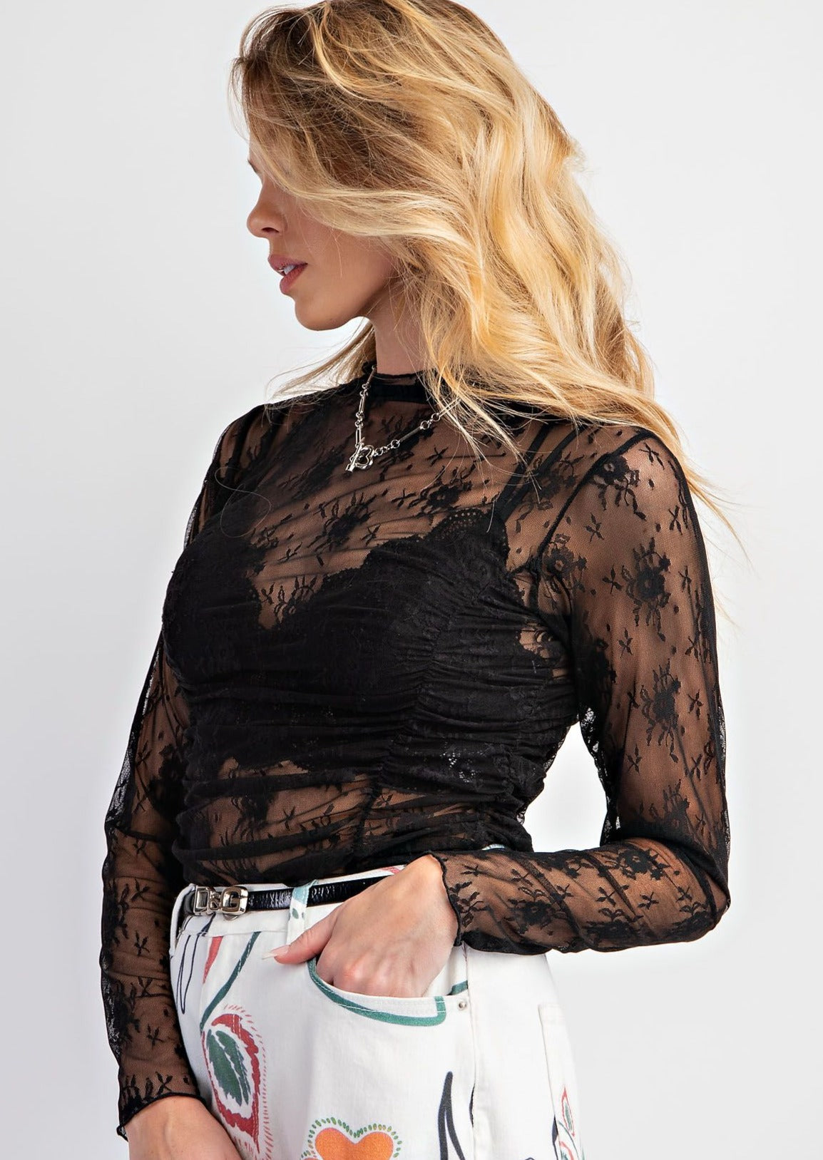 All Over Ruched Lace Layering Top 