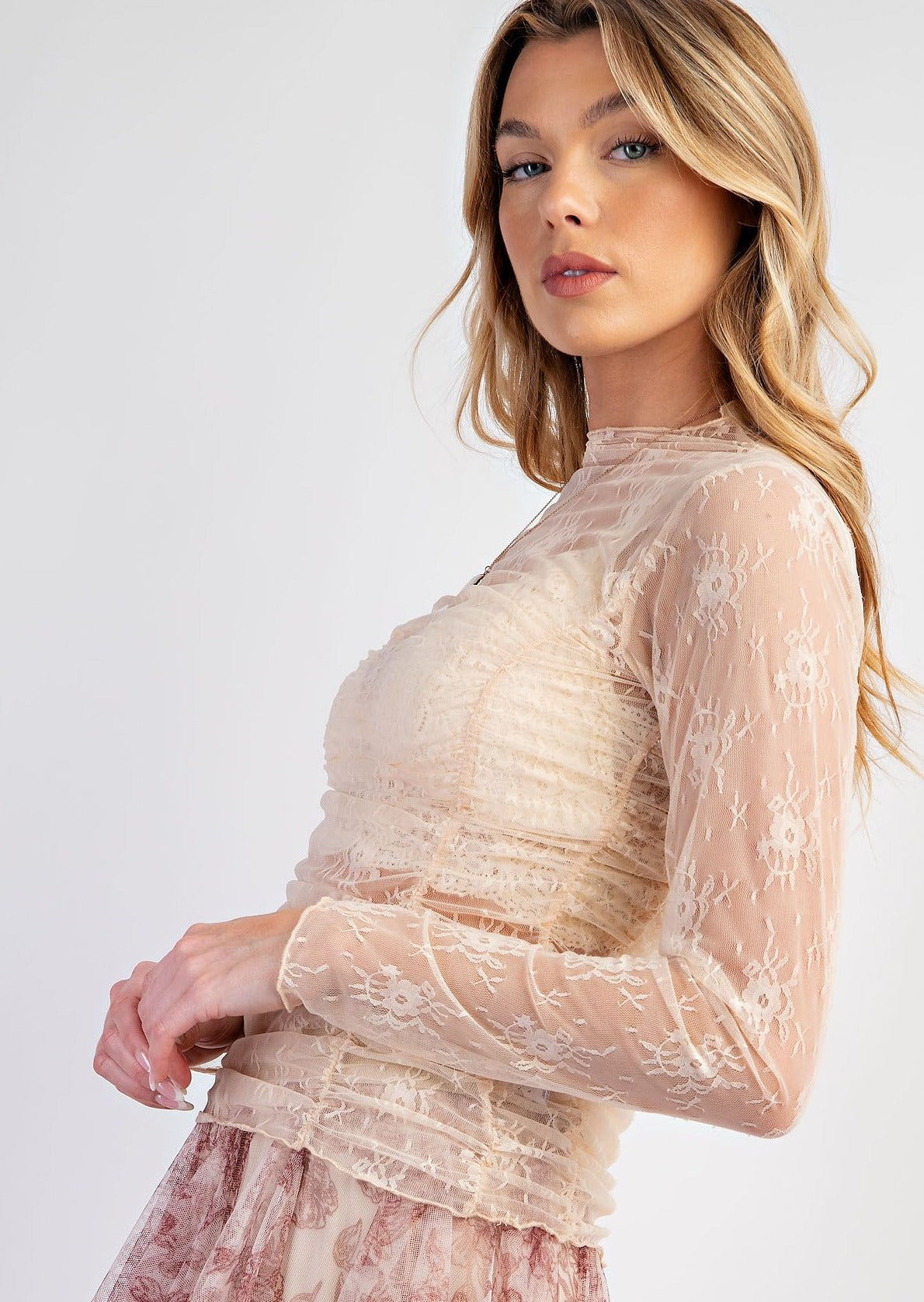 All Over Ruched Lace Layering Top 