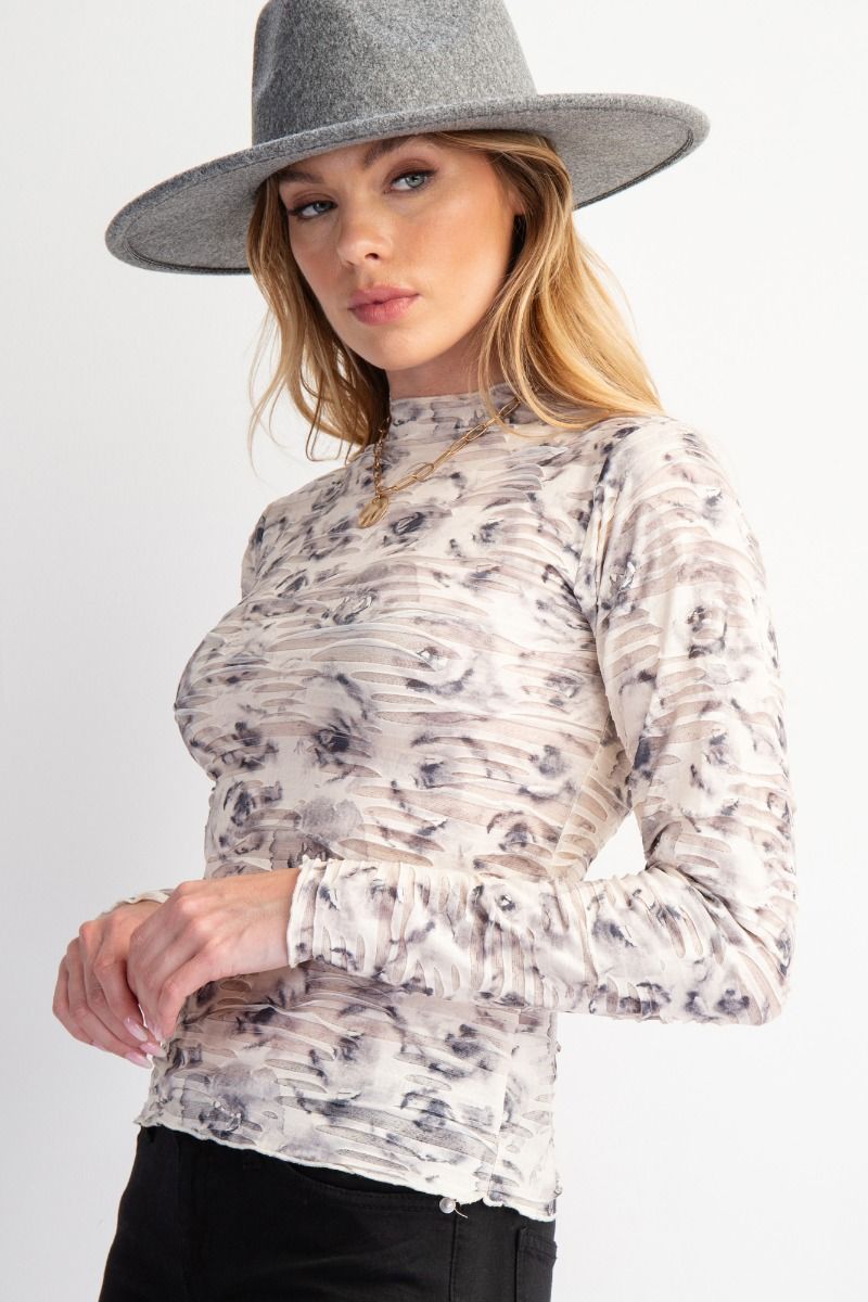 Rose Printed Textured Mesh Top 