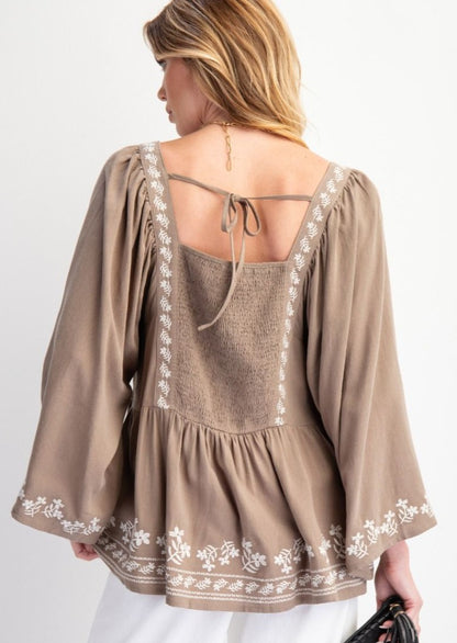 Olive Embroidery Babydoll Top 