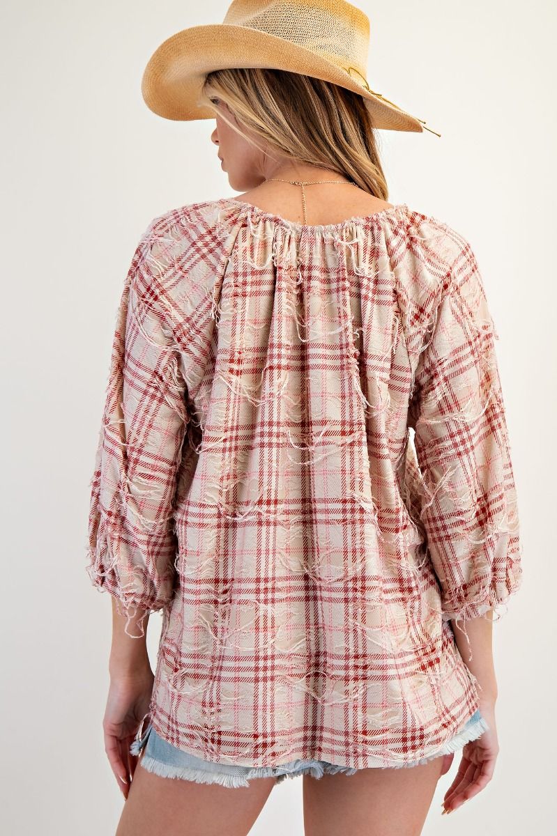 Rugged Red Plaid Tie Front Top