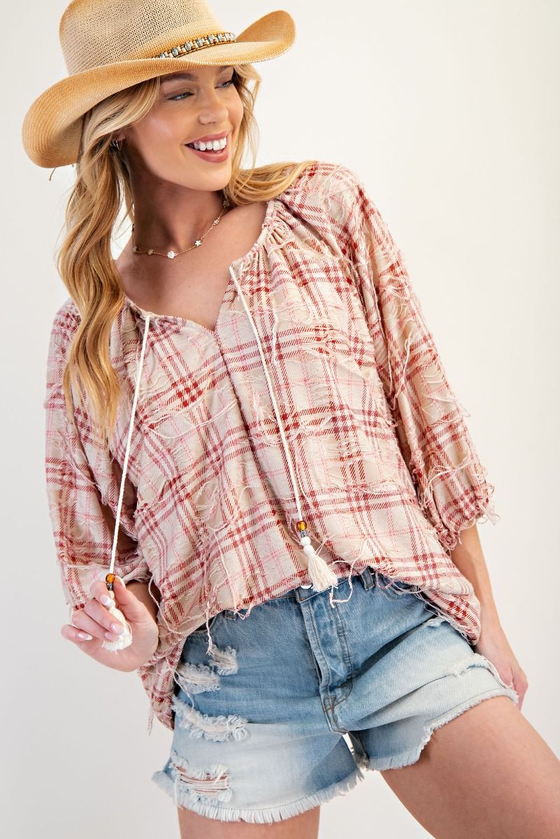 Rugged Red Plaid Tie Front Top