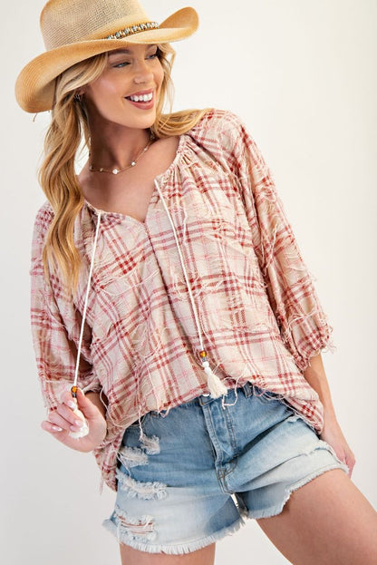 Rugged Red Plaid Tie Front Top