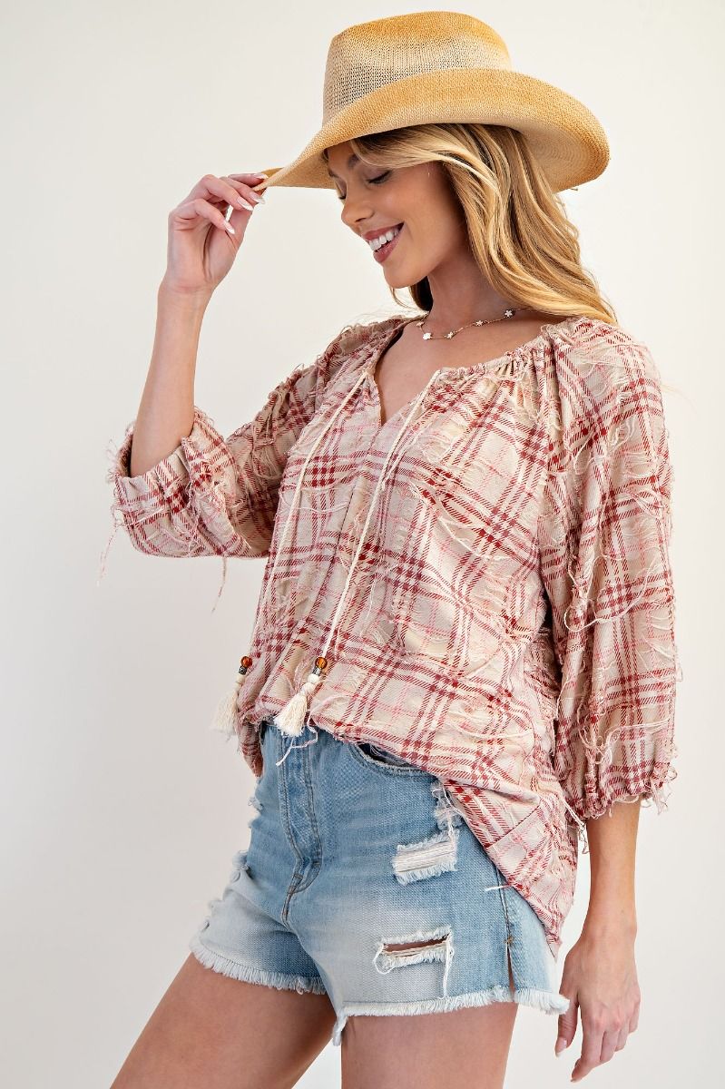 Rugged Red Plaid Tie Front Top