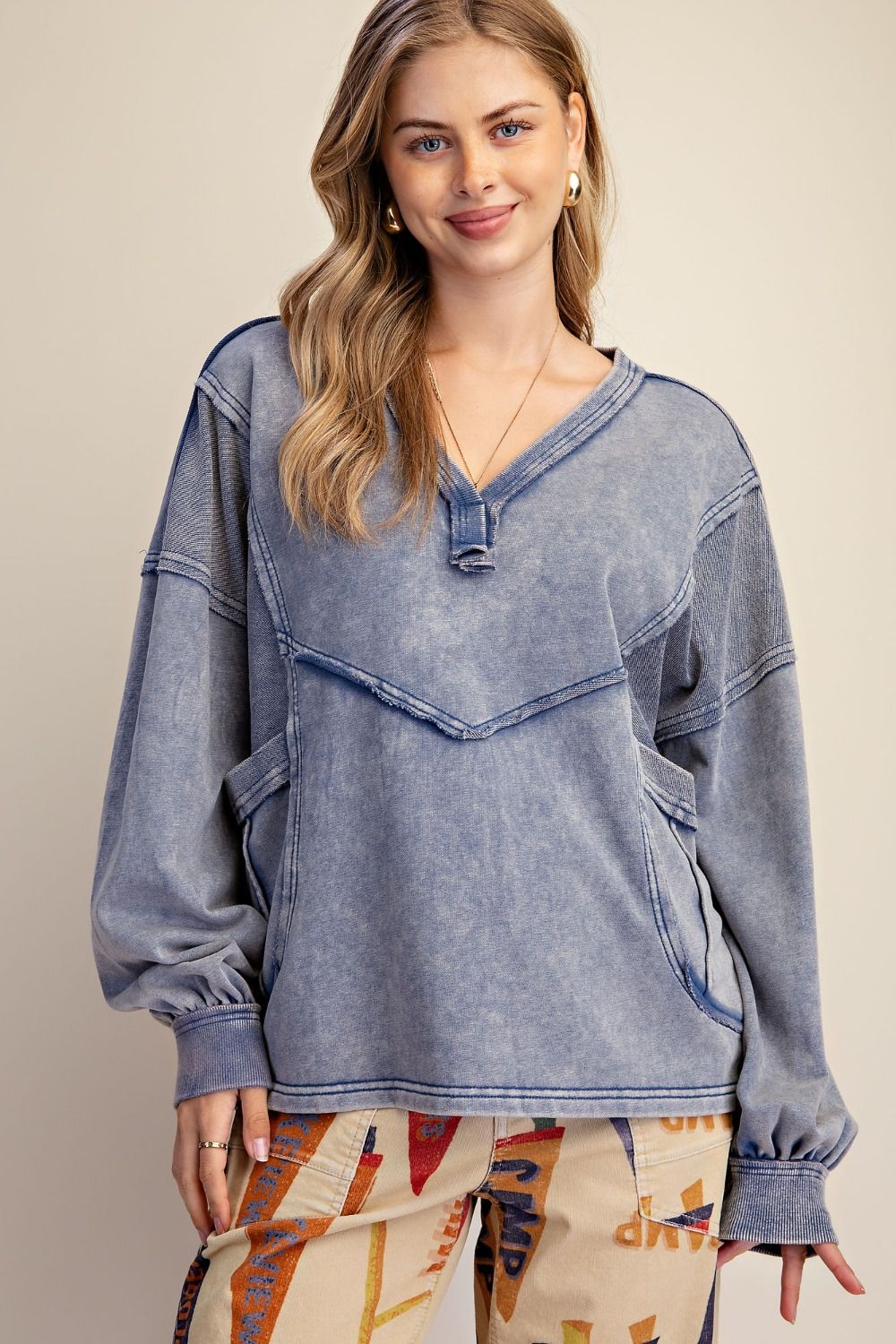 Navy V-Neck Terry Pullover - Vintage Vault Boutique