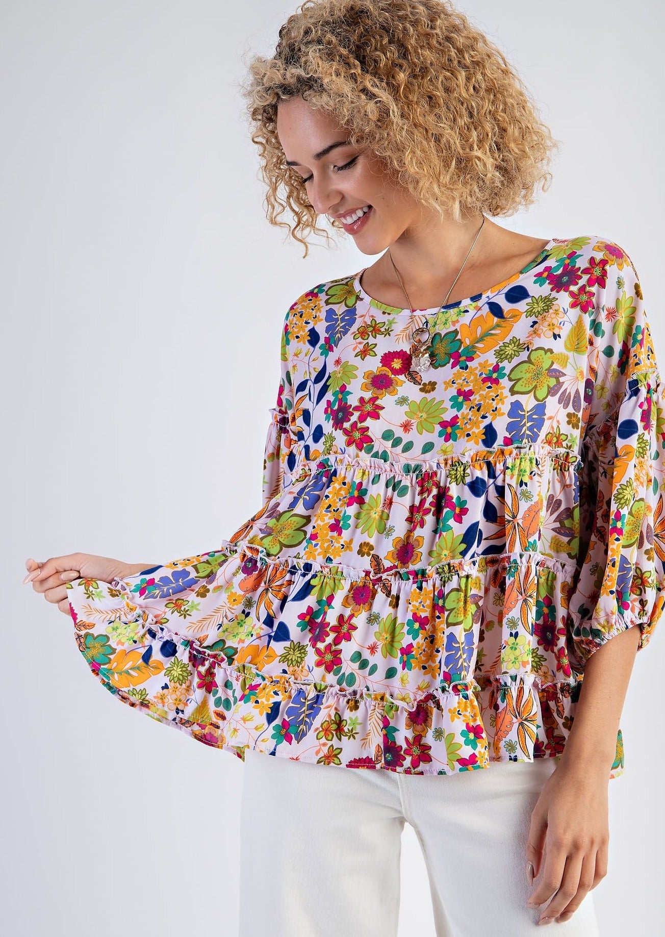 Tropical Print Ruffled Babydoll Top 