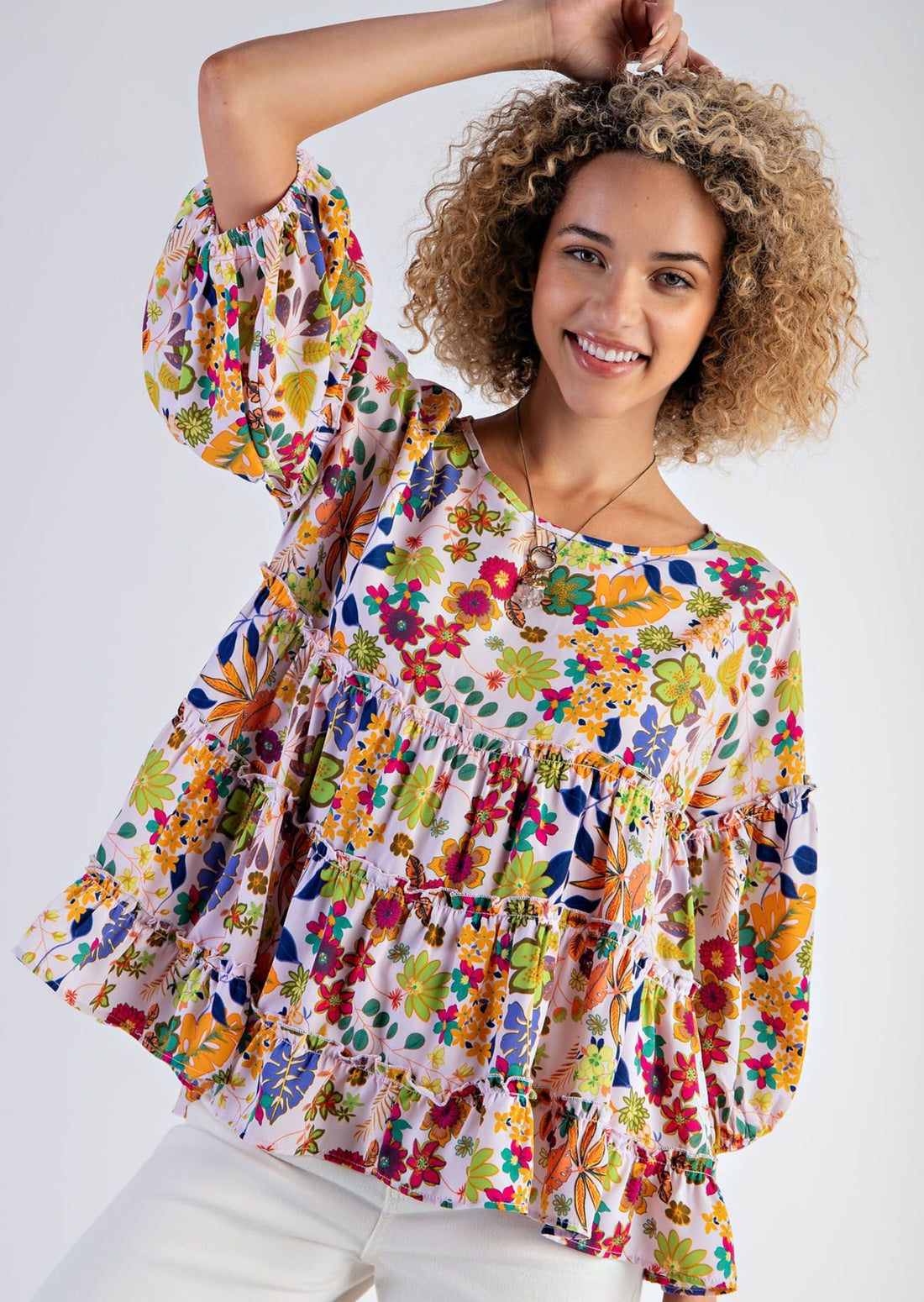 Tropical Print Ruffled Babydoll Top 