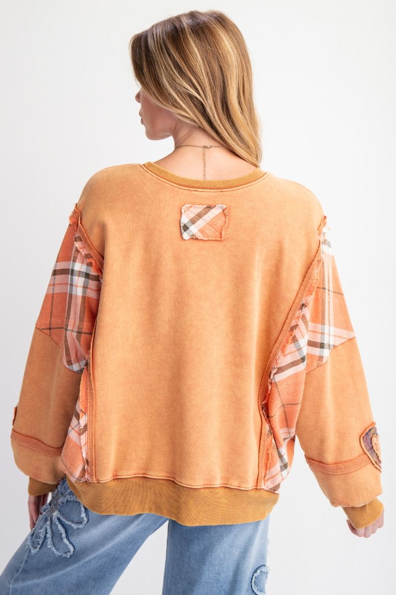 Pumpkin Plaid Heart Patch Mineral Wash Top 