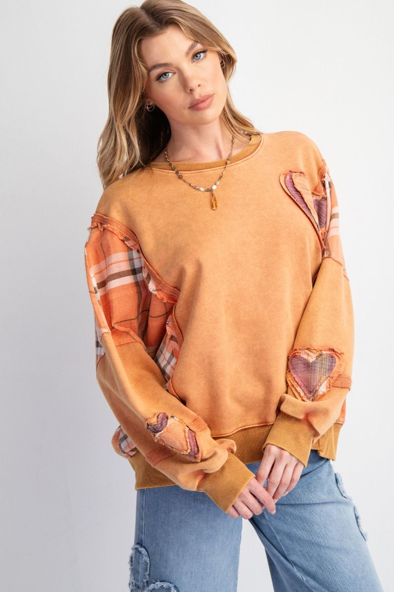 Pumpkin Plaid Heart Patch Mineral Wash Top 