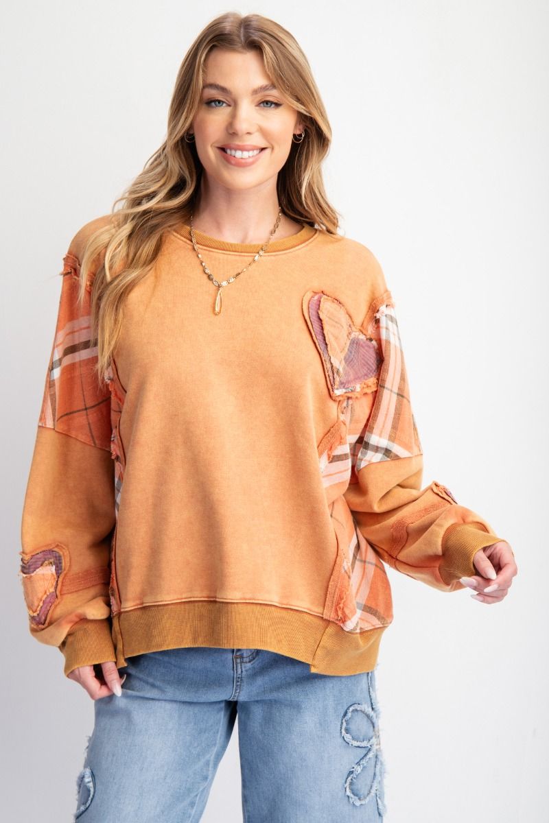 Pumpkin Plaid Heart Patch Mineral Wash Top 