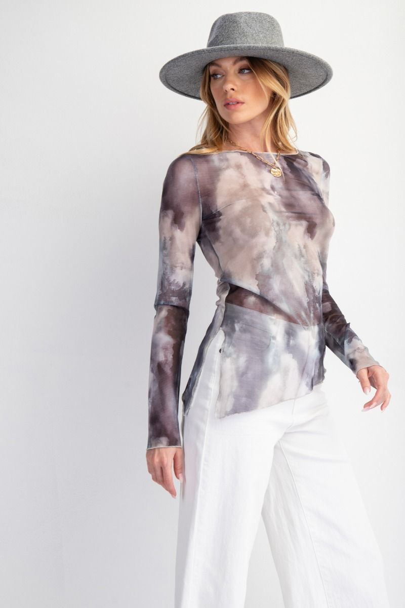 Gray Marble Long Sleeve Mesh Layering Top 