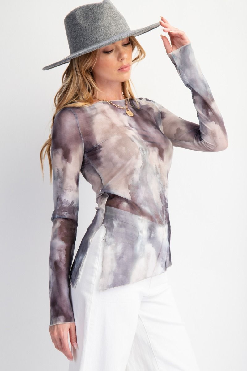 Gray Marble Long Sleeve Mesh Layering Top 