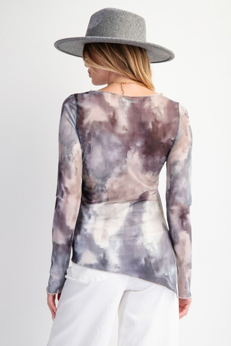 Gray Marble Long Sleeve Mesh Layering Top 