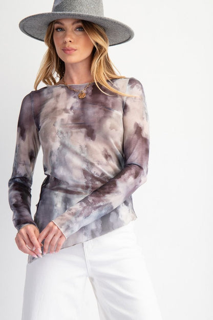 Gray Marble Long Sleeve Mesh Layering Top 