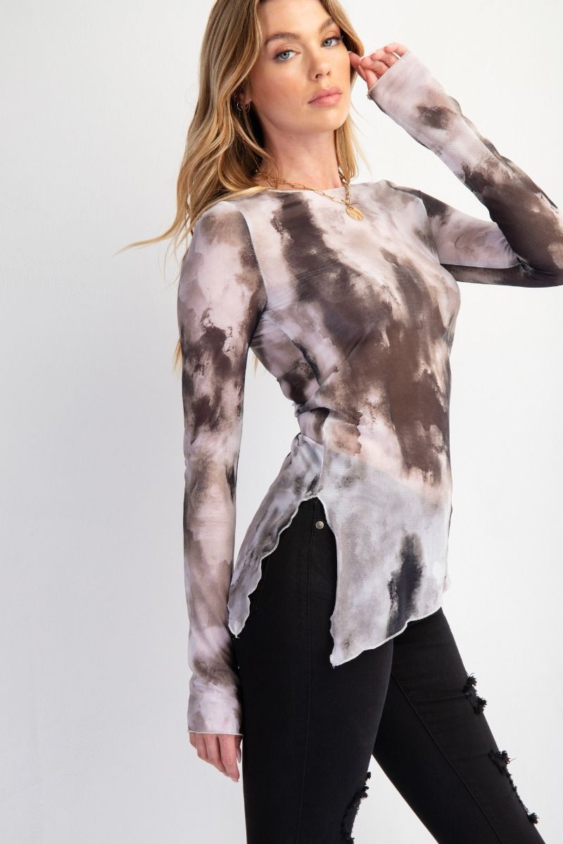 Black Marble Long Sleeve Mesh Layering Top 