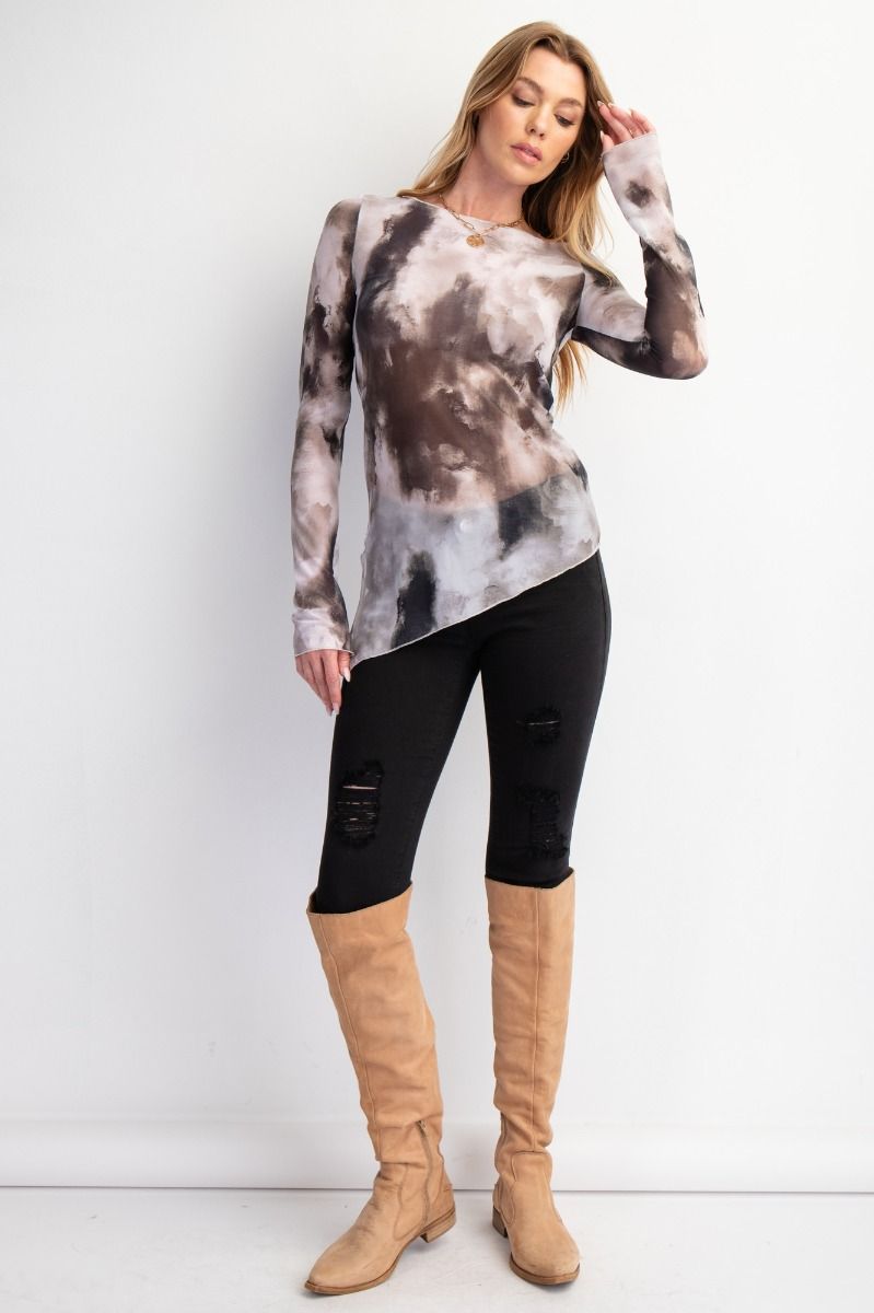 Black Marble Long Sleeve Mesh Layering Top 