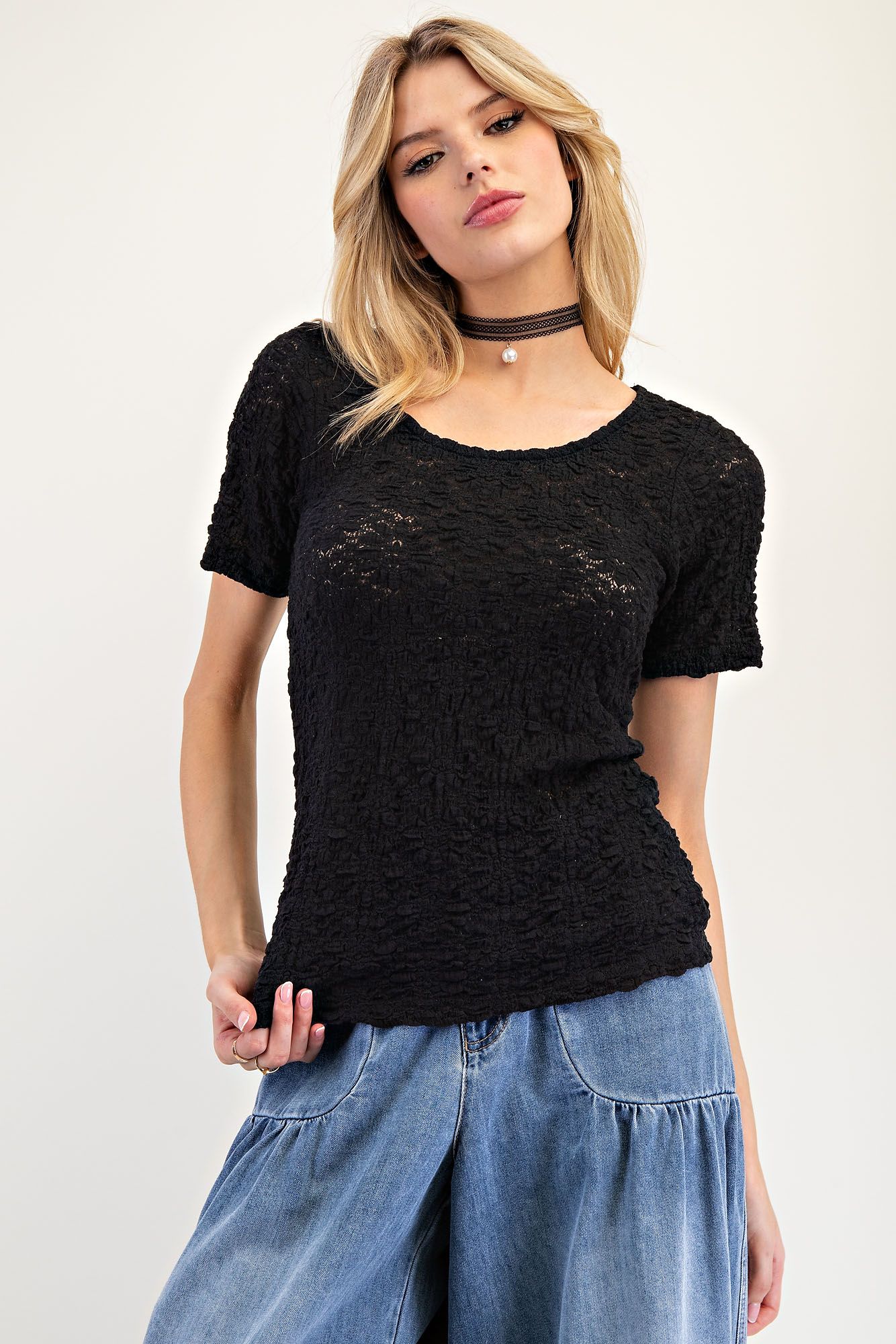 Short Sleeve Allover Lace Top