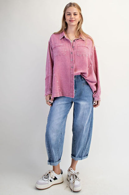 Retro Rose Cotton Gauze Button Up Shirt
