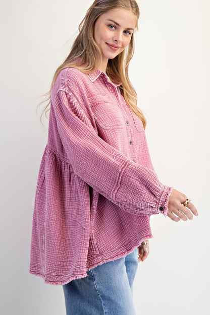 Retro Rose Cotton Gauze Button Up Shirt