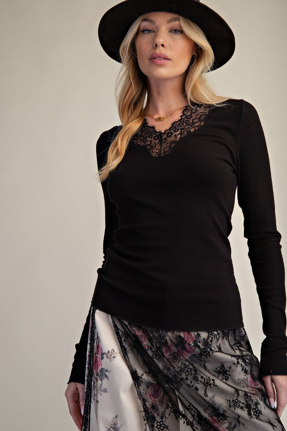 Baby Rib Knit and Lace Layering Top