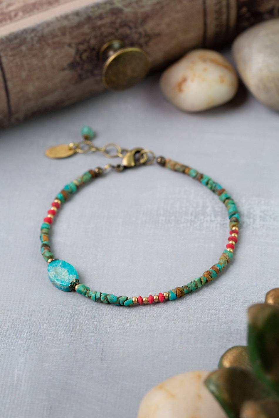 Love One Another 7.5-8.5" Red Coral, Turquoise Simple Bracelet