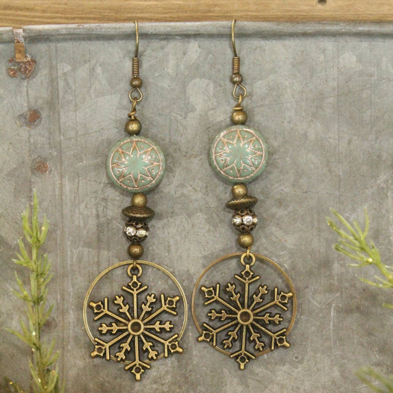 Czech &amp; Bronze Snowflake Mint Dangle Earrings