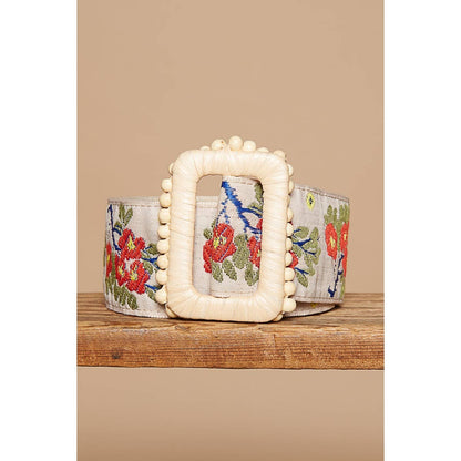 Floral pattern Cream and Ruby Belt - Vintage Vault Boutique