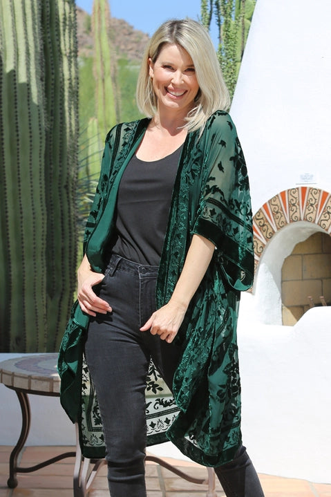 Dark Green Burnout Velvet Kimono