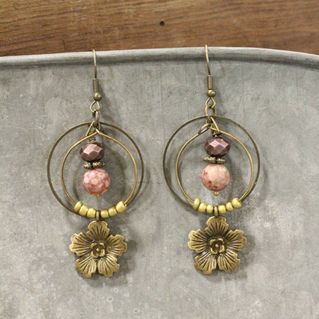 Mauve &amp; Bronze Flowers Dangle Earrings