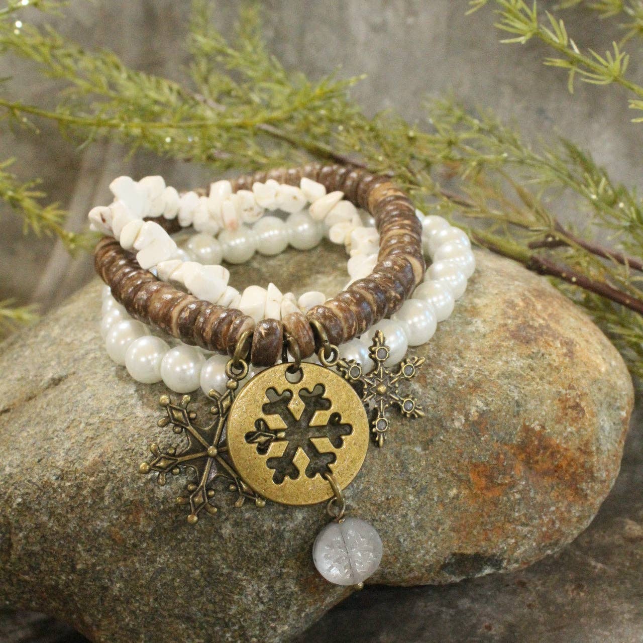 Czech Stone &amp; Bronze Snowflake Stretch White Bracelet Set