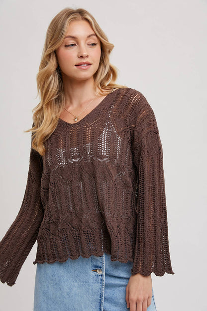 Open Knit Sweater V-Neck Pullover COFFEE