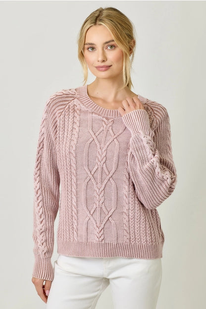 Washed Cable Knit Sweater - Rose