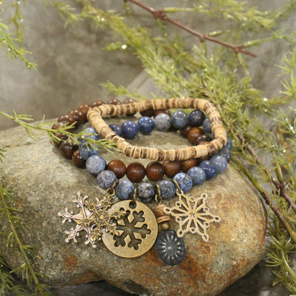 Czech Stone &amp; Bronze Snowflake Stretch Blue Bracelet Set