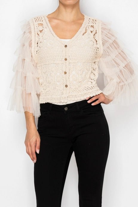 Crochet Cropped Cardigan with Tiered Mesh Sleeves - Vintage Vault Boutique