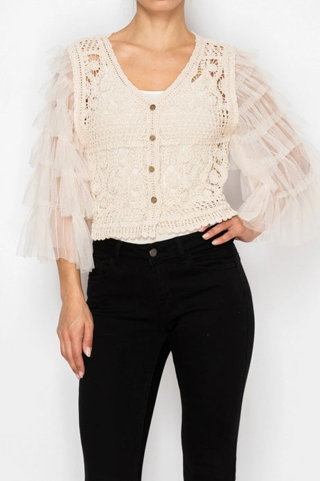 Crochet Cropped Cardigan with Tiered Mesh Sleeves