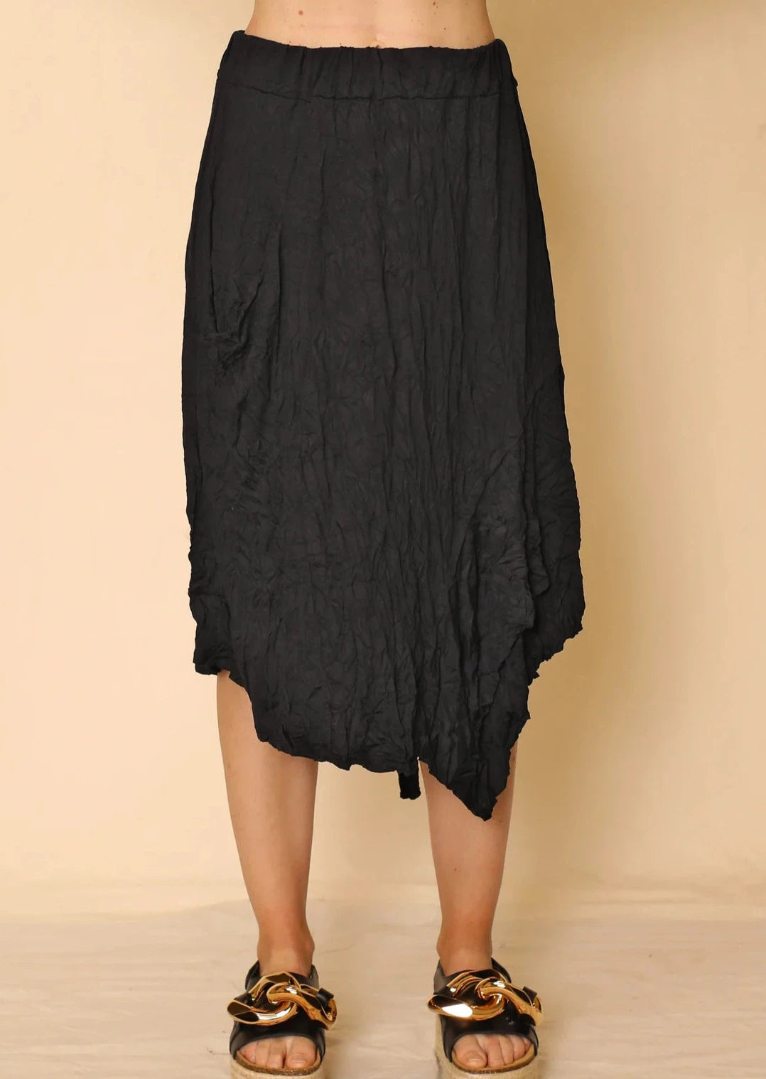 Front view of Nina crinkle jersey skirt on a model.